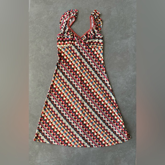 Vintage Midi Dress Hot Kiss Retro Psychedelic Heart Print With Ruffle Straps M - Picture 9 of 14